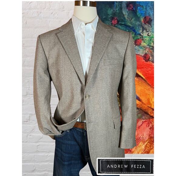 Andrew Fezza 44R Men Taupe Beige Herringbone Silk Tweed Blazer Sport Coat Jacket - Picture 1 of 15